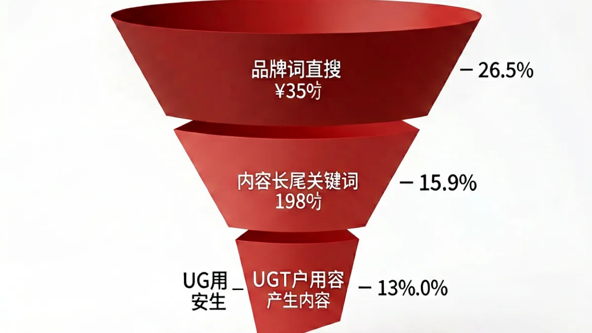 第四色婷婷搜索流量结构分析图，展示品牌词搜索、内容长尾词与UGC三种流量来源的分布比例